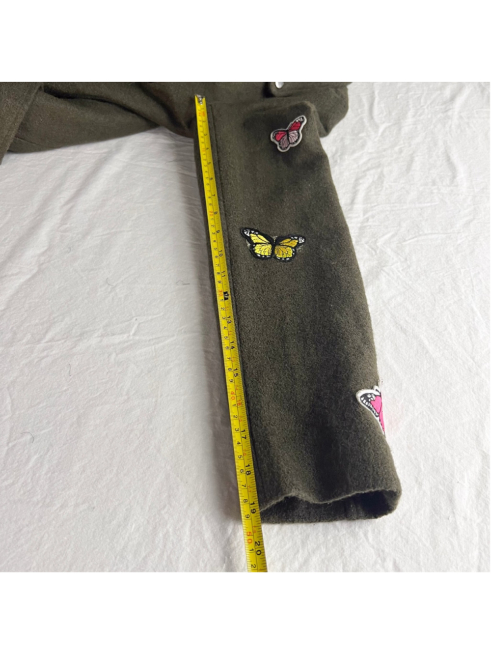 Signature Eight Butterfly Embroidered Moto Jacket Olive Green Wool Blend Biker L - Picture 9 of 10